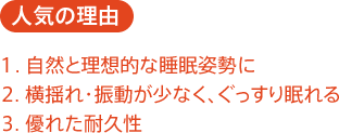 人気の理由:1.自然と理想的な睡眠姿勢に。2.横揺れ・振動が少なく、ぐっすり眠れる3.優れた耐久性