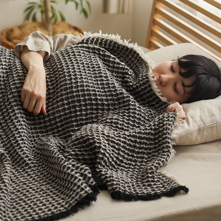 スイーツ柄 ブルー LIBECO HOME リネン ブランケット 220cm×165cm