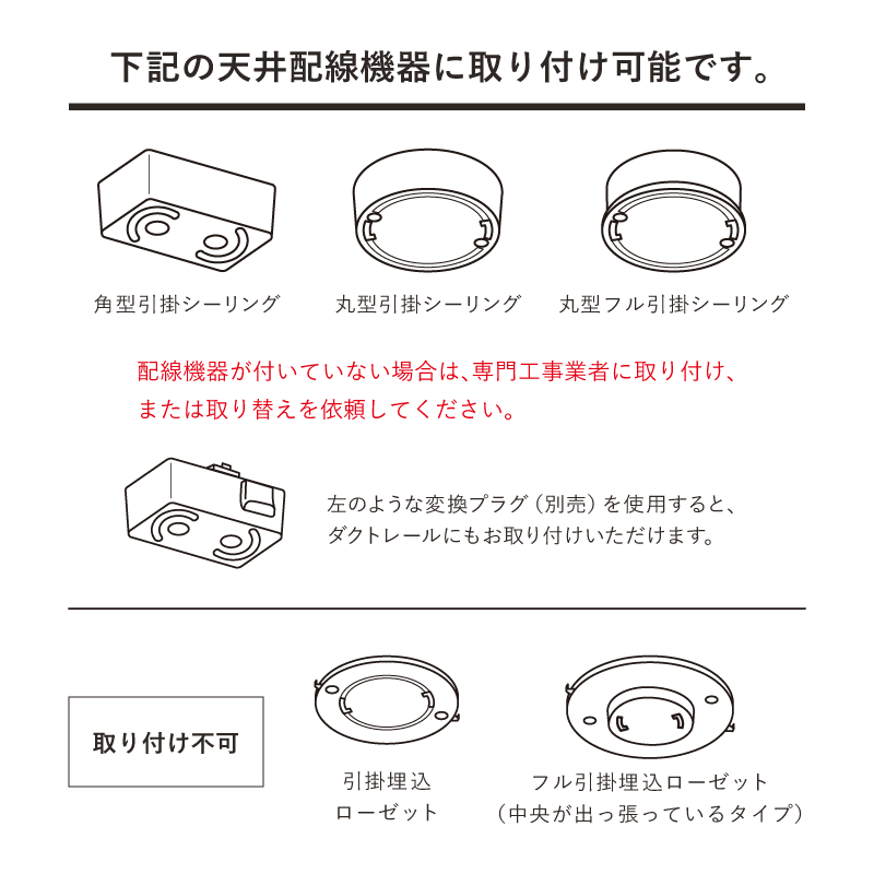 天井の配線器具をご確認ください。右図の器具が付いていれば、取り付け可能です。